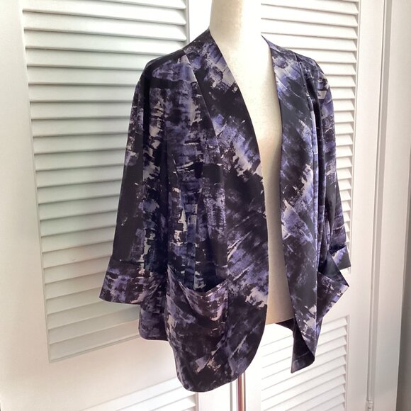 Sejour Womens Open Front Kimono Jacket Size 18W Black & Purple Abstract Print - Picture 2 of 16